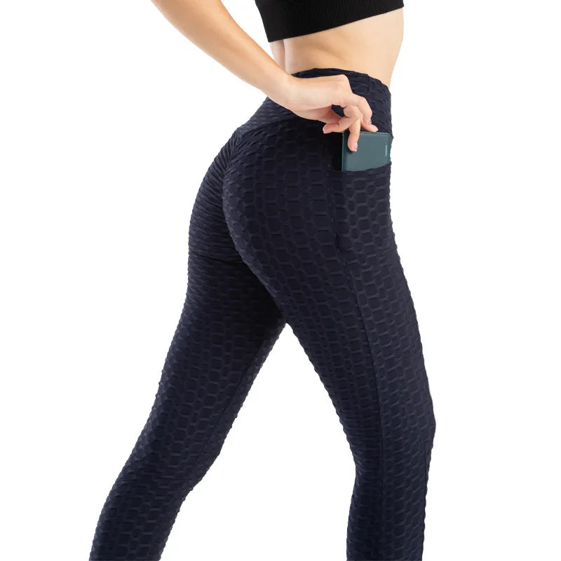 Leggings Women Fashion Pocket Bubble Pants Stretchy Slim Leggings Gym Running Cycling Fitness Pants High Waist Hip Lift Leggings Female