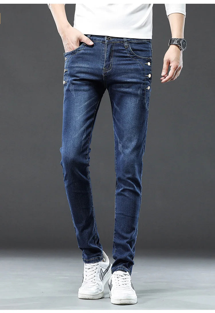 Men's Designer Jeans Snowflake Grey Wash Korean Fashion Stretch Pants Multi-button Denim Trousers