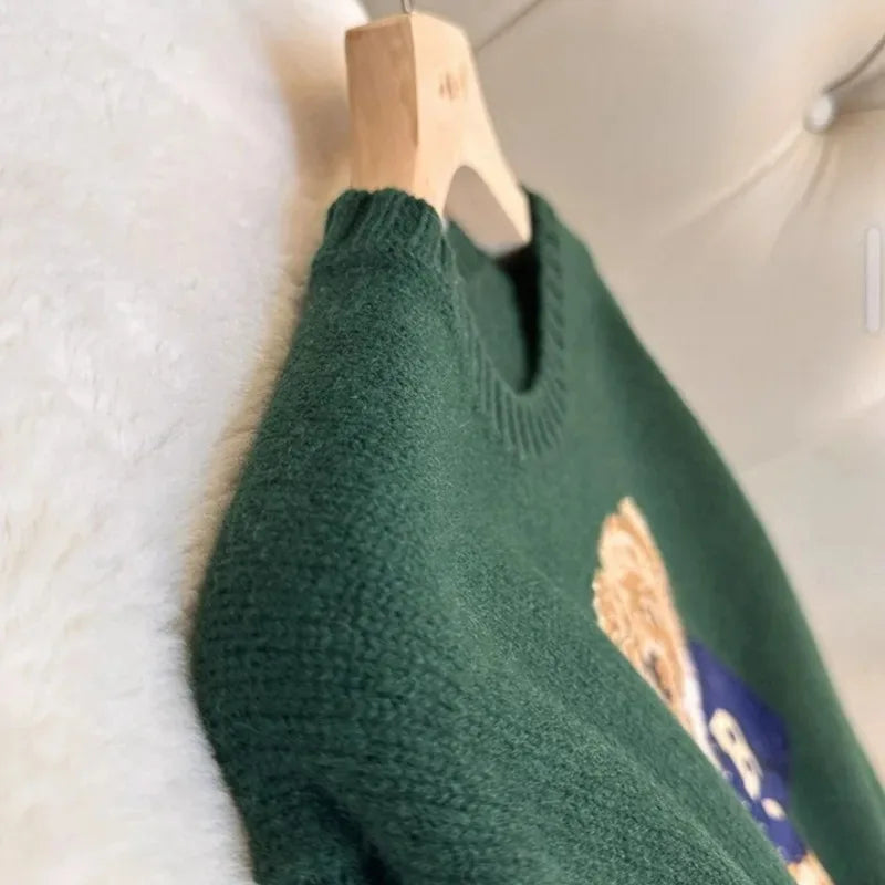Cartoon Teddy Bear Knitted Embroidery Pullover Women 2025 New Autumn Round Neck Female Knitted Sweater Casual Womens Tops