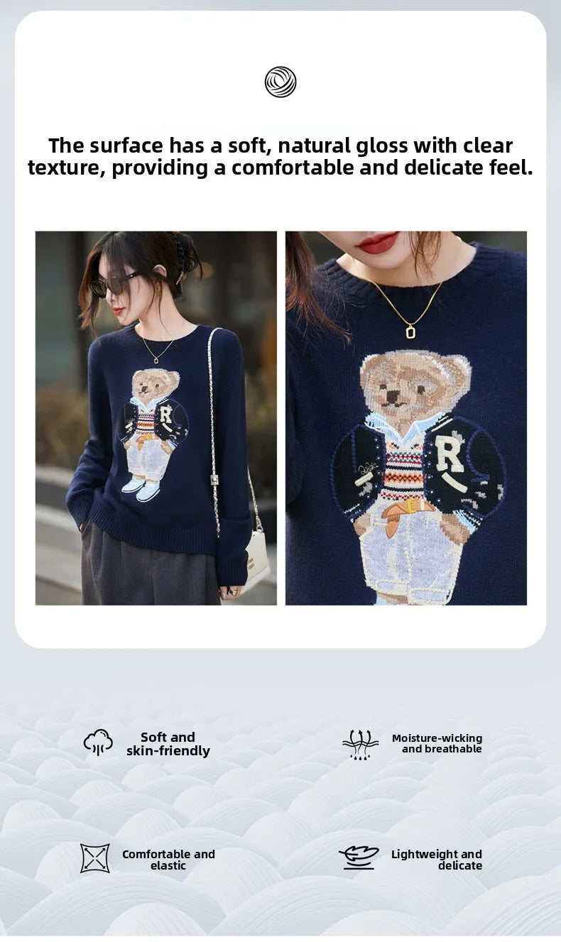 Thickened Woolen Knitted Sweater round Neck Embroidery Cartoon Bear Long Sleeve Women's Base Shirt Autumn Winter New Arrival