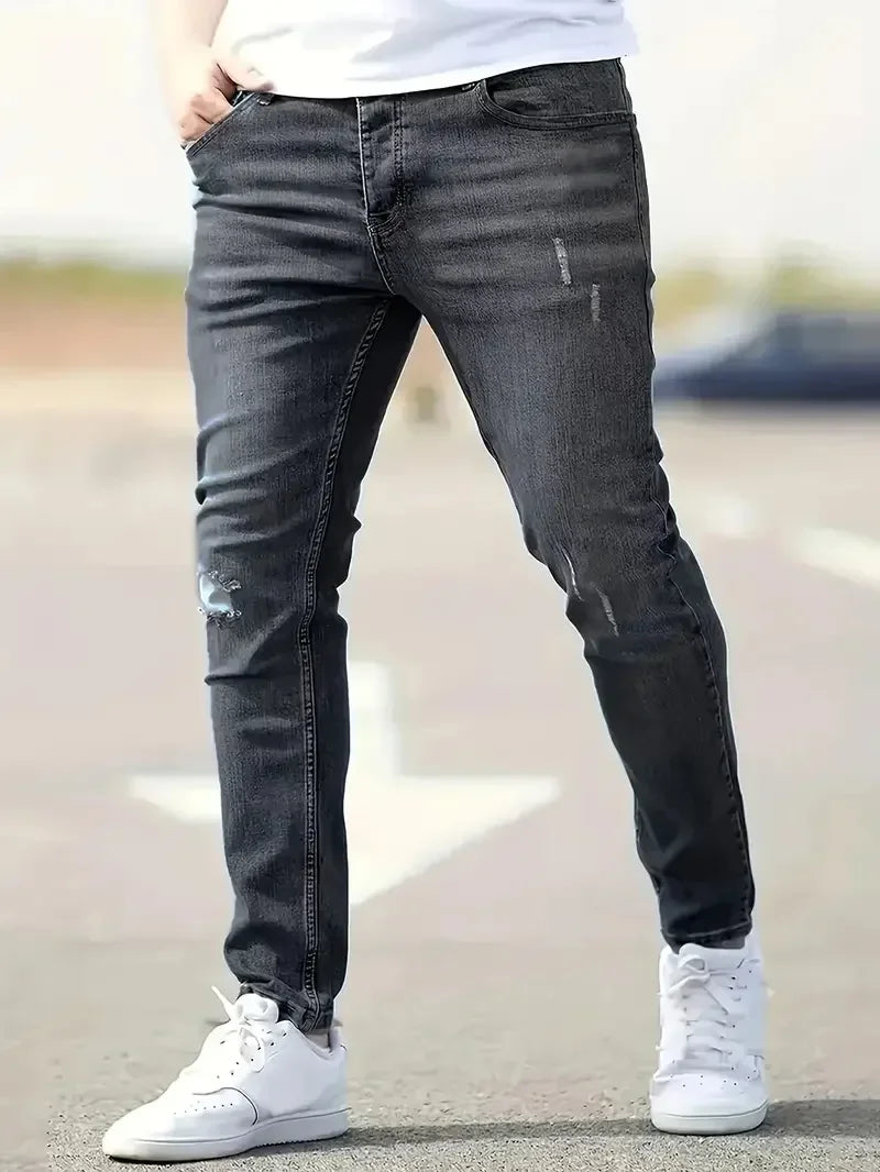Men's Stretch Slim Fit Jeans Zipper Casual Streetwear Pants Classic Black Blue Skinny Trousers Designer Denim Clothes