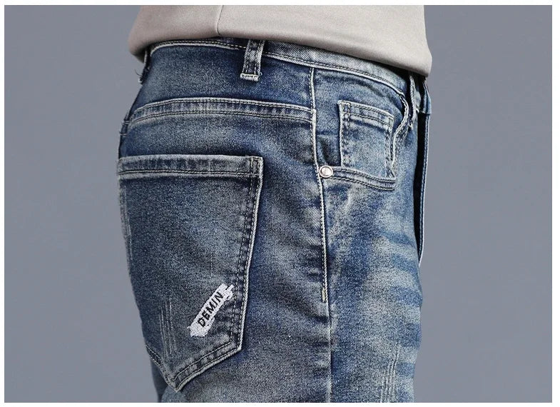 Men's Vintage Jeans Korean Fashion Slim Little Feet Embroidered Trousers Stretch Male Streetwear Denim Pants