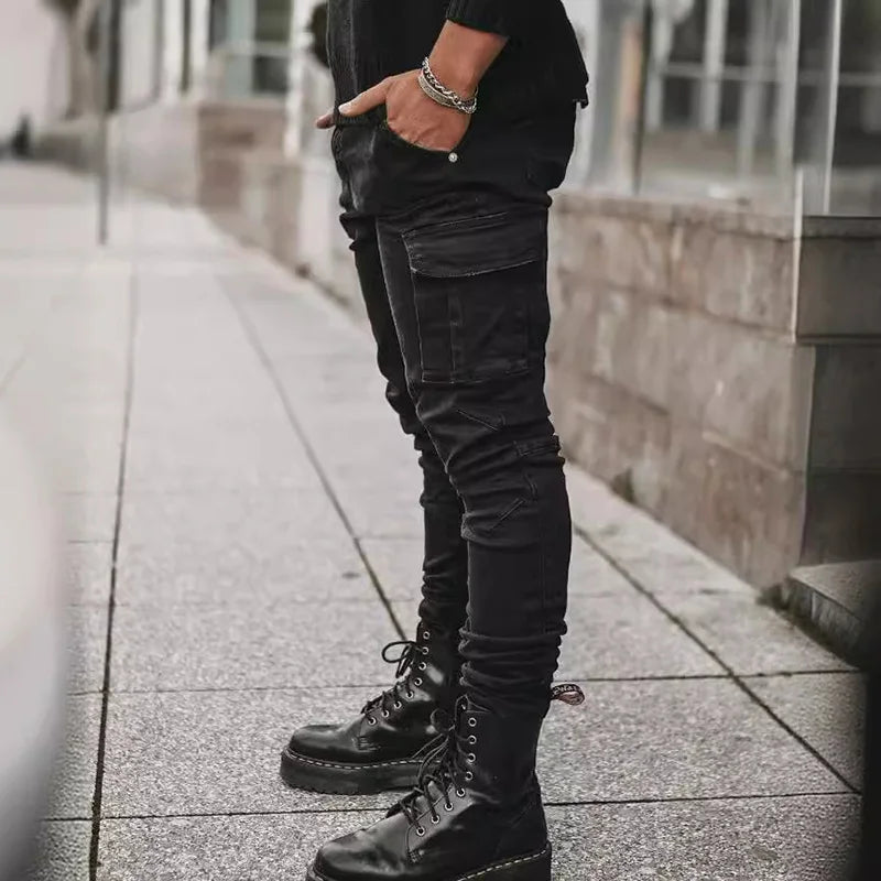 Men's Slim Fit Denim Pants Street Motorcycle Ankle binding High-quality Fashion Tight Fitting Cut Multiple Colors Choose From