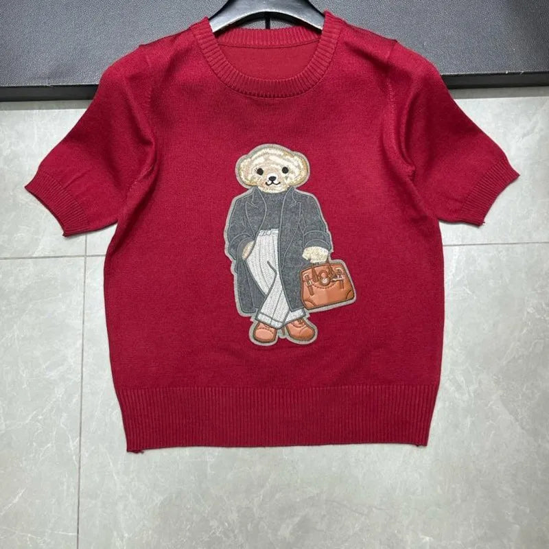 European Style Luxury Brand Loose O-Neck Bear Pullover Tops Knitwear Woman Short Sleeve T-shirt Ladies Wool Knitted Sweater