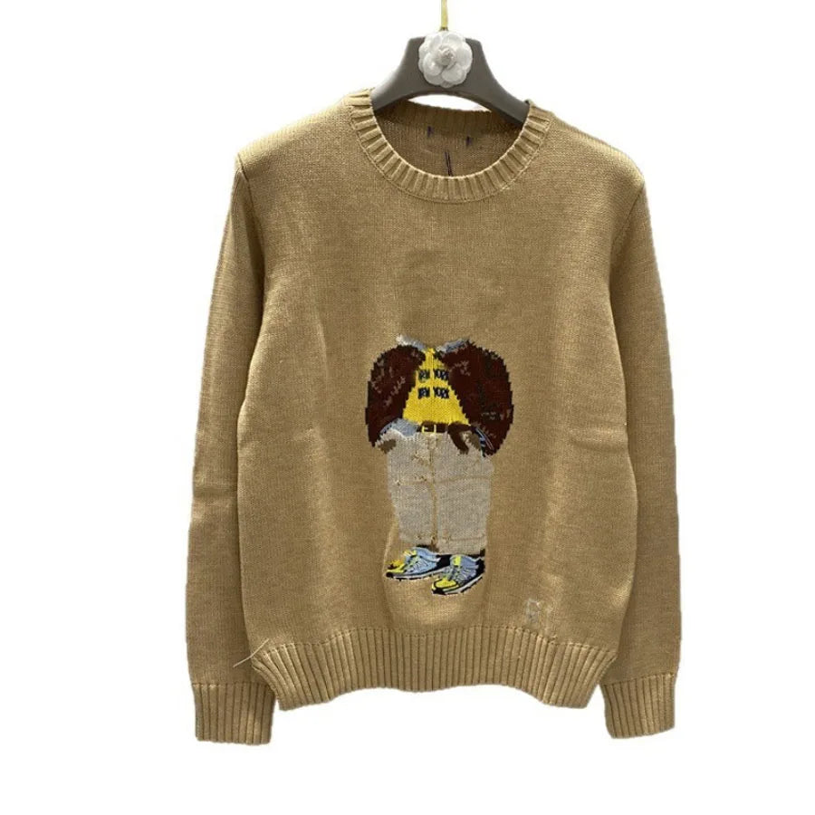 Soft Cotton Knit Sweater Women's Bear Embroidery Round Neck Top Autumn Winter Comfortable Wear Casual Embroidery Pullover