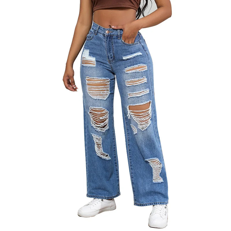 High Waist Ripped Jeans for Women European Straight Leg Blue Cotton High Elastici Faionable Tear Jeans Women's High Waist