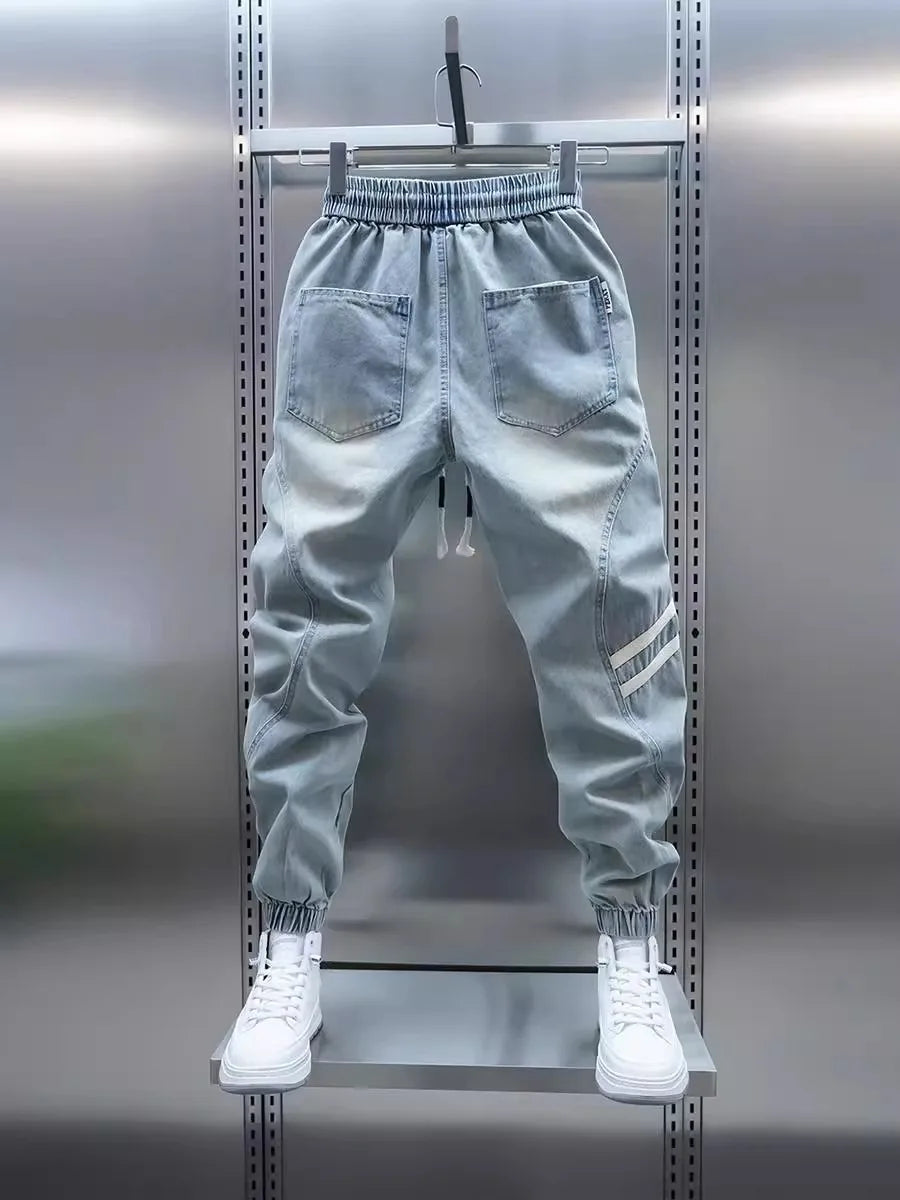 Men's Summer Slim Fit Jeans Light Blue Elastic Waist Patchwork Casual Pants Tapered Leg Jeans Harlan Sle Breathable Comfort...