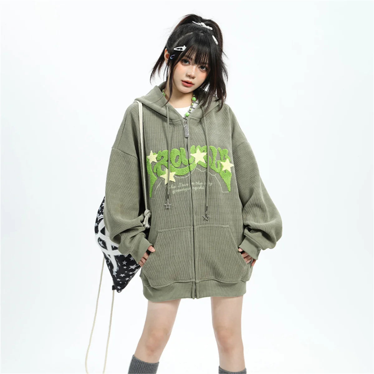 Hoodies Women Fashion Embroidery Zip Up Autumn Long Sleeve Tops Loose Hood Shirt Harajuku Y2K Clothes Female Sweatshirt Jacket