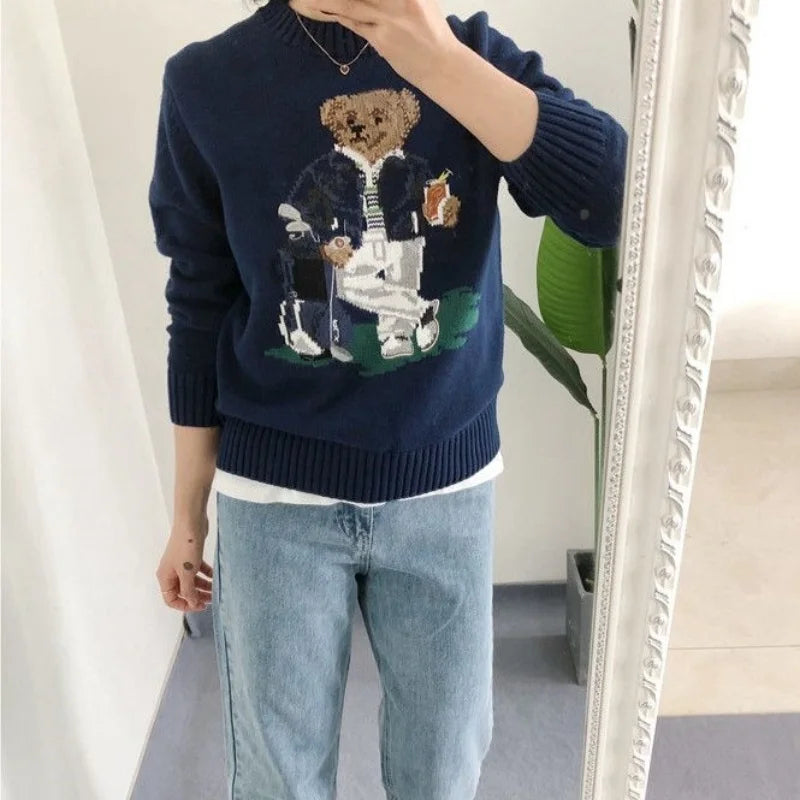 Autumn Fashion Cartoon Embroidered Wool Jumpers Women Kawaii Bear  Cashmere Sweater Preppy Loose Long Sleeved Knitted Pullover