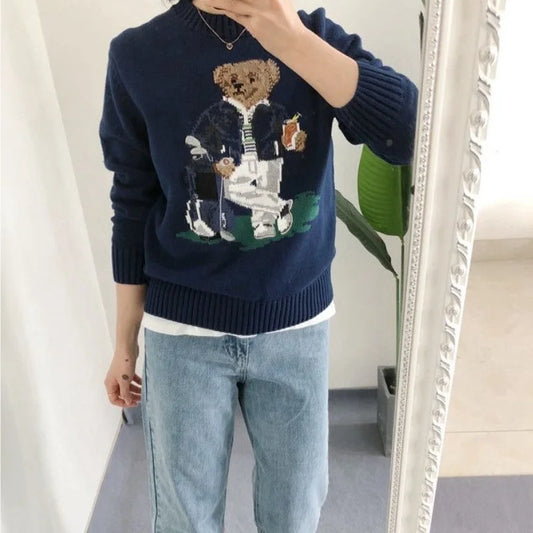 Autumn Fashion Cartoon Embroidered Wool Jumpers Women Kawaii Bear  Cashmere Sweater Preppy Loose Long Sleeved Knitted Pullover
