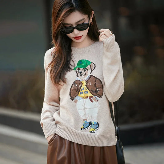 Thickened Woolen Knitted Sweater round Neck Embroidery Cartoon Bear Long Sleeve Women's Base Shirt Autumn Winter New Arrival