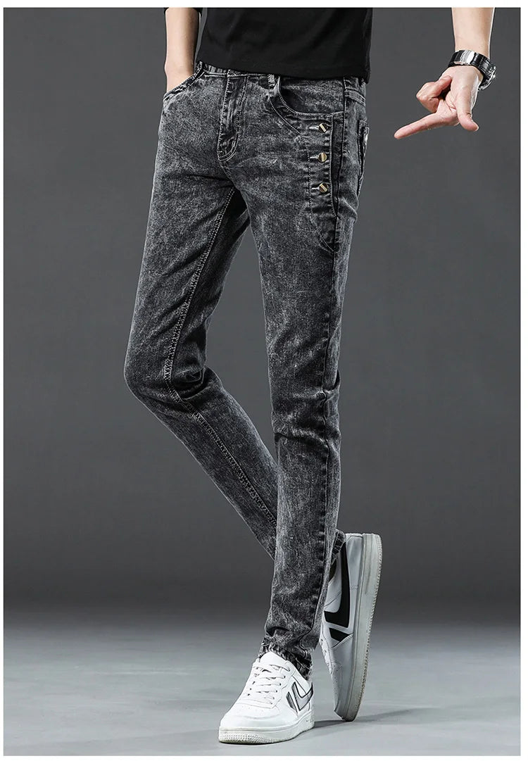 Men's Designer Jeans Snowflake Grey Wash Korean Fashion Stretch Pants Multi-button Denim Trousers