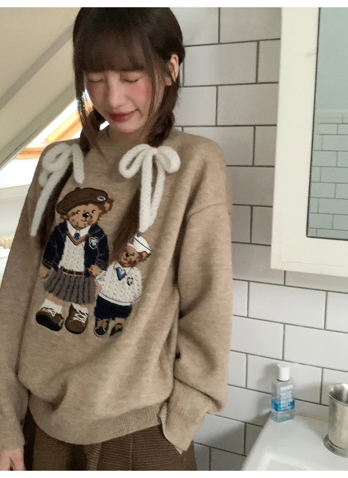 Korean Style Autumn Fashion College Wind Twist Bear Embroidery Knitted Sweater Women's Soft Cozy Overhead Sweater Long Sleeve...
