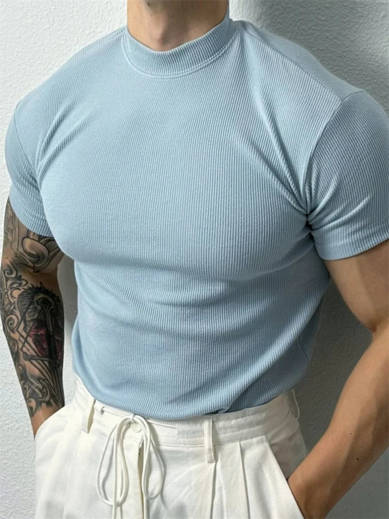 T-shirt Small high collar stripe shirt short sleeve fitness top leisure sport T-shirt Men sportswear