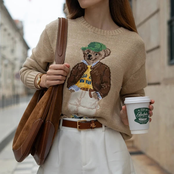 Loose Fit round Ne Knitted Sweater Cotton Bear Cartoon Design Casual Sle Women's Faion Autumn Winter Wool Blend Top