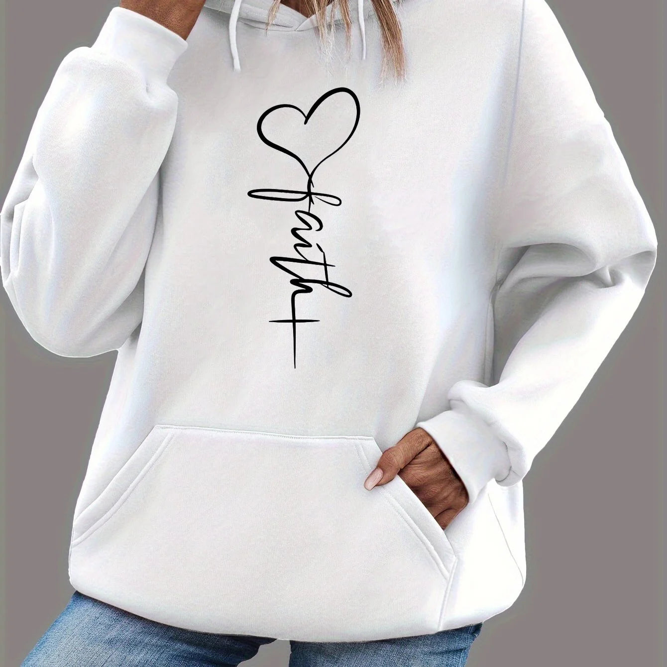 Women's autumn and winter warm and loose casual heart-shaped cross pattern printed velvet long sleeved hooded sweatshirt