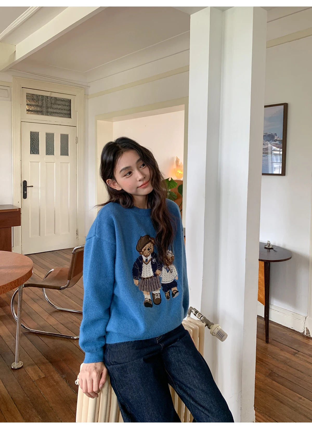 Korean Style Autumn Fashion College Wind Twist Bear Embroidery Knitted Sweater Women's Soft Cozy Overhead Sweater Long Sleeve...