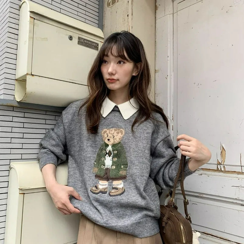 European Style Luxury Loose O-Neck Bear Pullover Women Autumn Winter Fashion Womens Tops Casual Ladies Knitted T-shirt Sweater