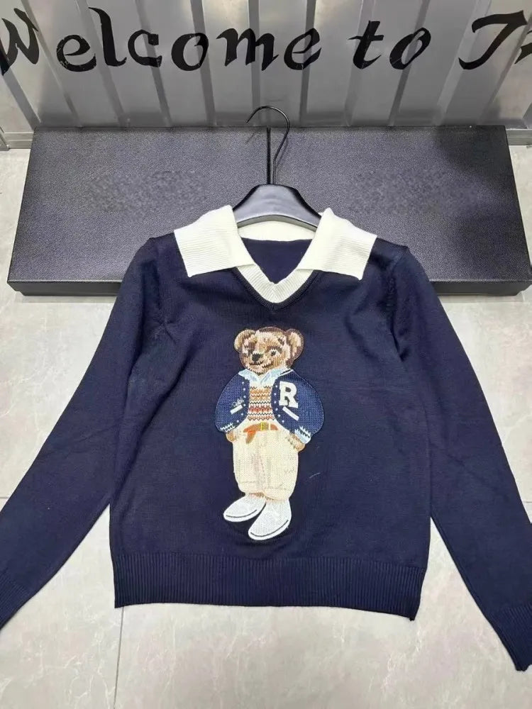 High Quality French Knitted Sweater Women Bear Cartoon Design Embroidery Long Sleeve Pullover Tops Jumper