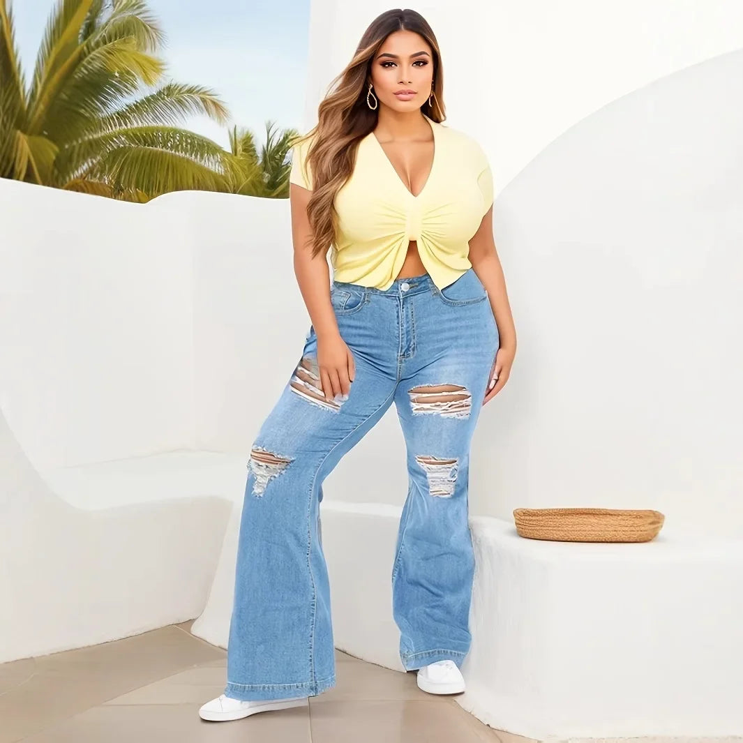 Plus Size Fashionable Ripped Denim Jeans Spring Summer Street Style Wide Leg Floor Length Casual Trendy Pants Cotton Material
