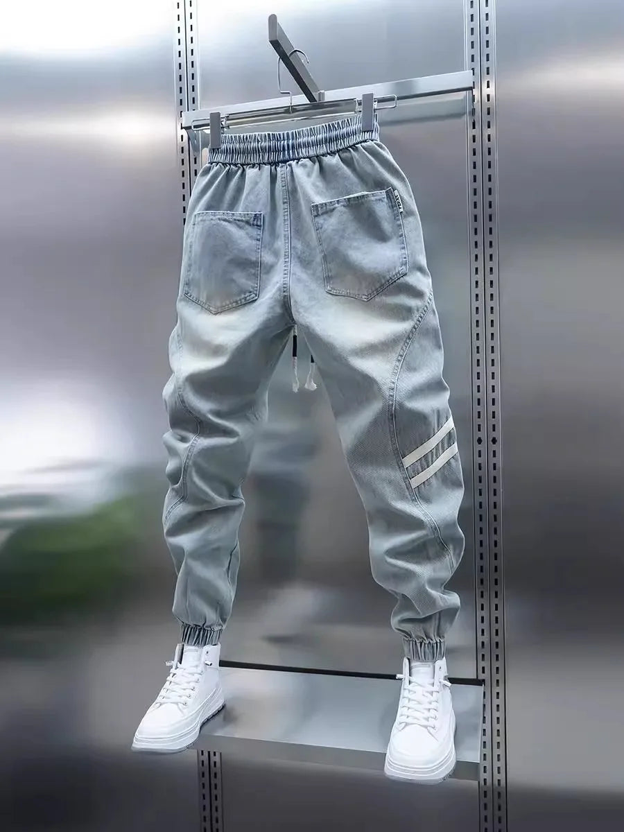 Men's Summer Slim Fit Jeans Light Blue Elastic Waist Patchwork Casual Pants Tapered Leg Jeans Harlan Sle Breathable Comfort...