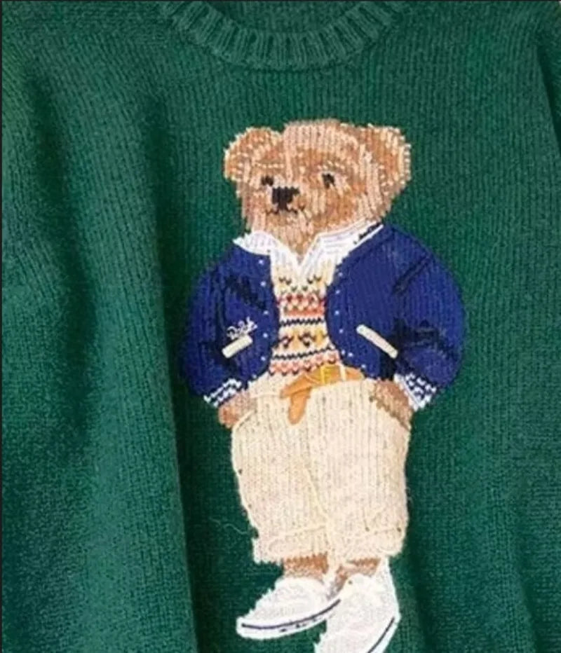 Cartoon Teddy Bear Knitted Embroidery Pullover Women 2025 New Autumn Round Neck Female Knitted Sweater Casual Womens Tops