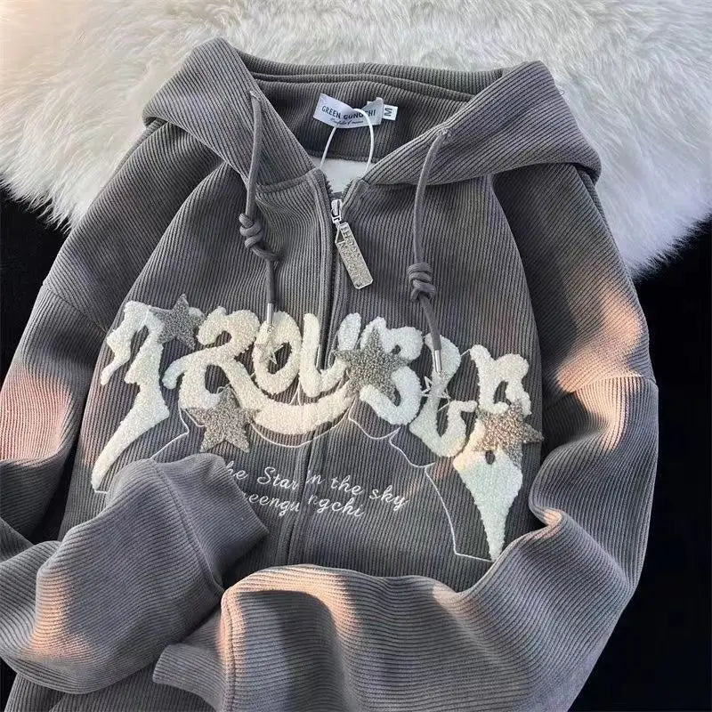 Hoodies Women Fashion Embroidery Zip Up Autumn Long Sleeve Tops Loose Hood Shirt Harajuku Y2K Clothes Female Sweatshirt Jacket