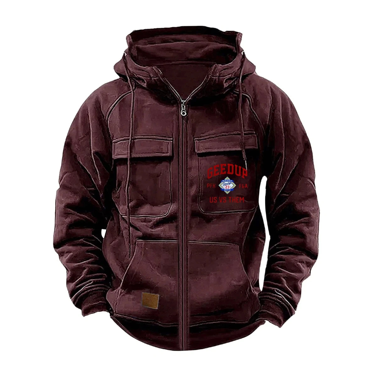 JUMPER Solid-Color Zipper Pullover Hooded Sweater Casual Loose Street-Style Multi-Pocket Hooded Sports Coat