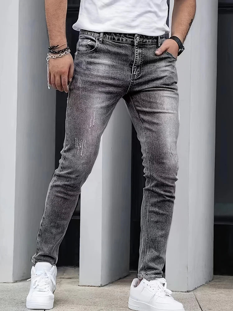 Men's Slim Four-Season Washed Fashion Jeans Stretch Slim Fit Light Blue Gray Black Casual Denim Pants