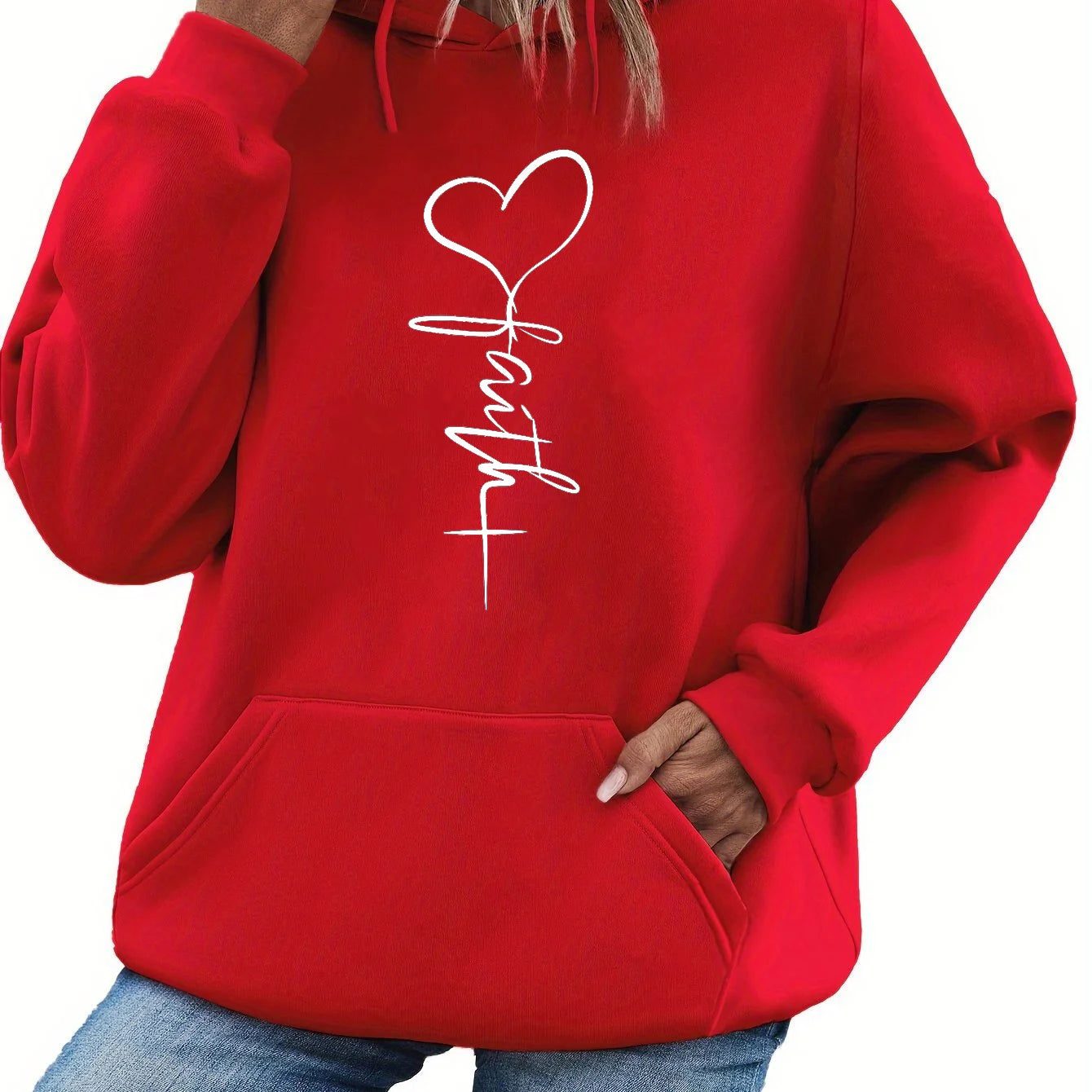 Women's autumn and winter warm and loose casual heart-shaped cross pattern printed velvet long sleeved hooded sweatshirt
