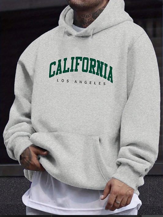 Men's autumn and winter casual fashion loose hooded sweatshirt California Los Angeles letter printed long sleeved warm pullover