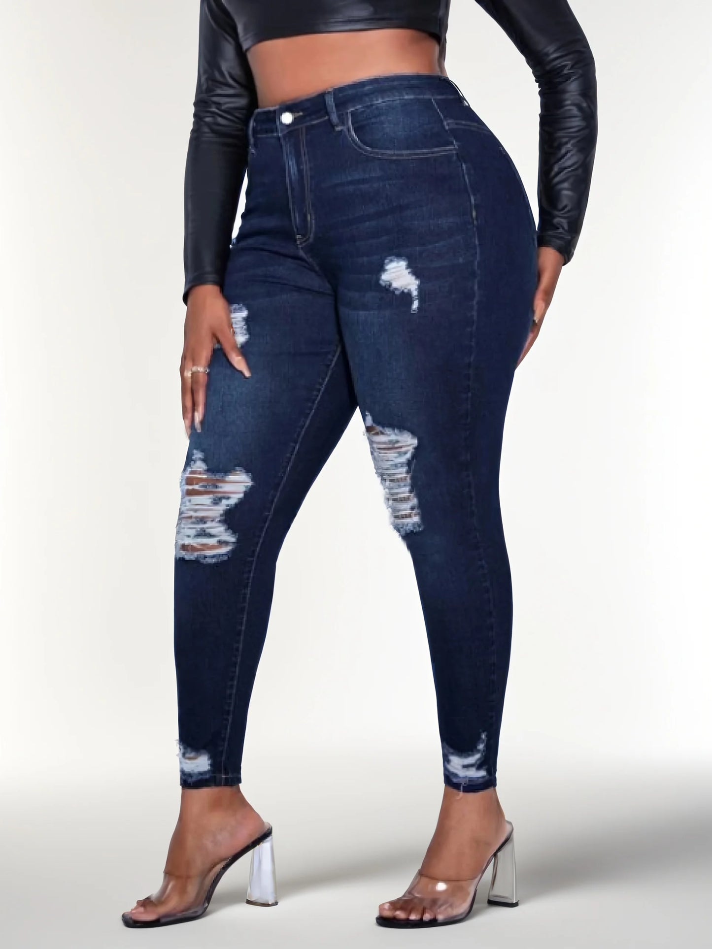 Women's plus size ripped jeans tight hip lifting
