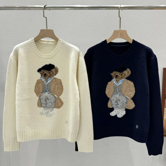 Autumn Winter Women's Knitted Long Sve Sweater Casual Sle Bear Embroidery Cartoon Loose Fit Camere round Ne Top