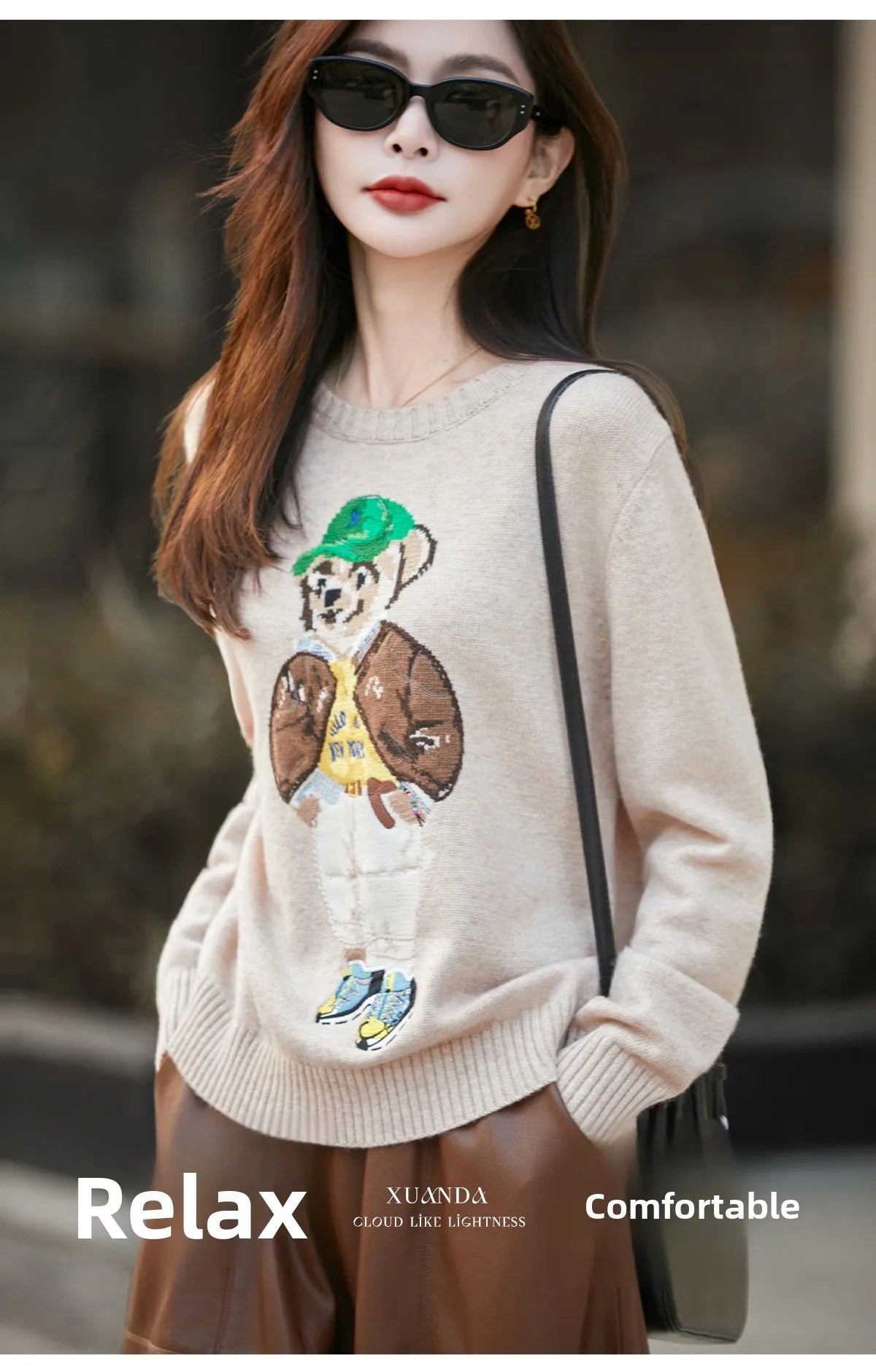 Korean Bear Embroidery Thickened Woolen Knitted Sweater Women's Base Layer Shirt Anti-Aging Sweater Fresh Sweet Style Princes...