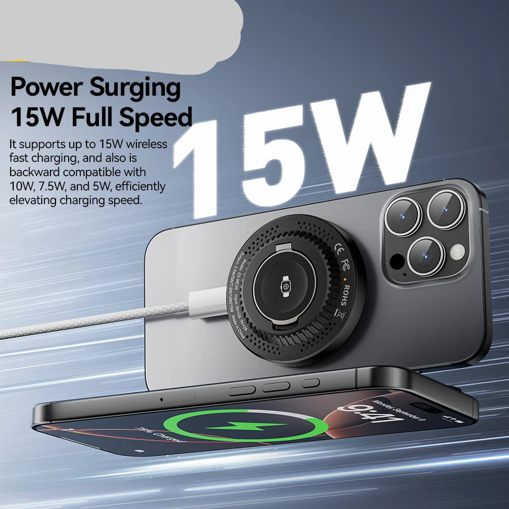 Essager 2-in-1 Magnetic Wireless Charger 15W With Holder Portable Fast Charging For iPhone 16 15 14 Pro Max iWatch Huawei Xiaomi