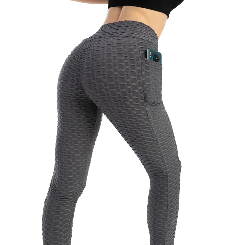 Leggings Women Fashion Pocket Bubble Pants Stretchy Slim Leggings Gym Running Cycling Fitness Pants High Waist Hip Lift Leggings Female
