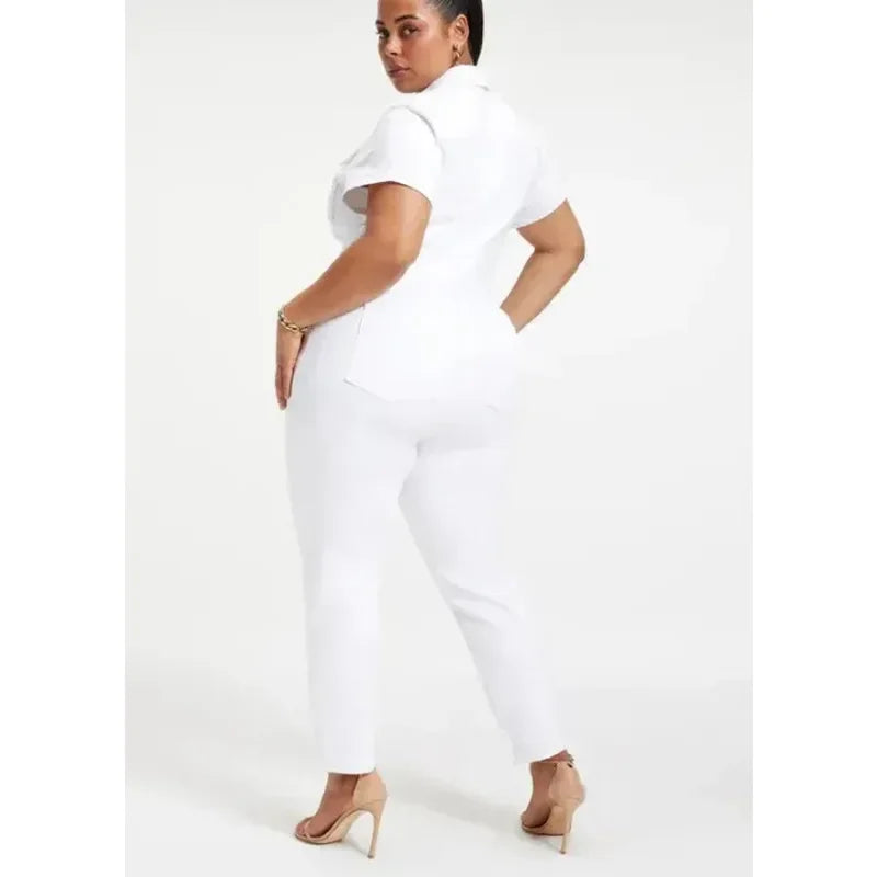 Fashion Jeans Plus Size Denim Jump Suits for Women Slim Short Sleeve Turn Down Collar Overalls Rompers Female One-piece Pants