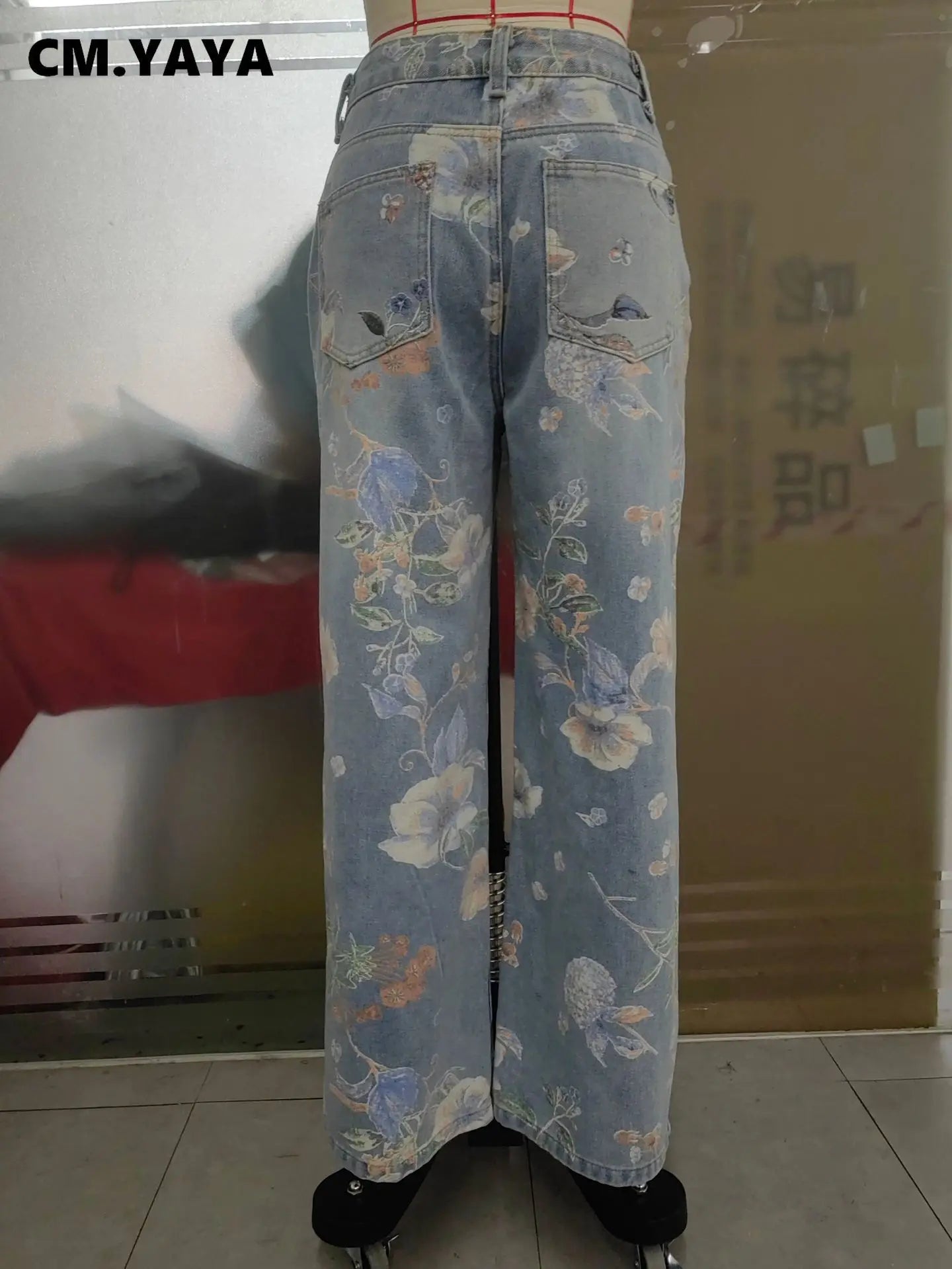 Denim Pants Women Floral Print Sexy Hole Hollow Out Jeans Ripped Out Straight Trousers 2025 Summer Street Lady Pant