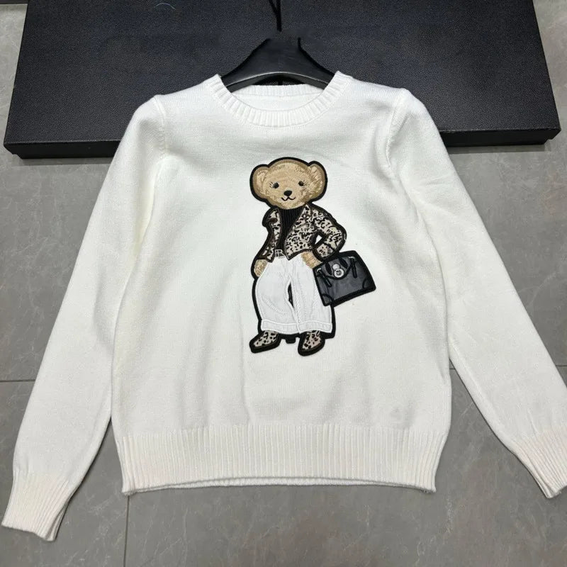 High Quality Light Luxury French Bear Embroidered Knitted Cardigan For Women New Fashion Casual Loose Sweater Coats Pulls Femmes
