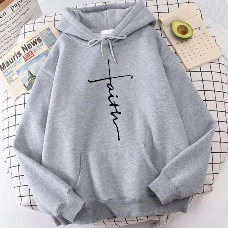 Women'S Fall Winter Hooded Streetwear Faith Print Back Hoodies Casual Drawstring Long Sleeve Kangaroo Pocket Sweatshirt Clothing