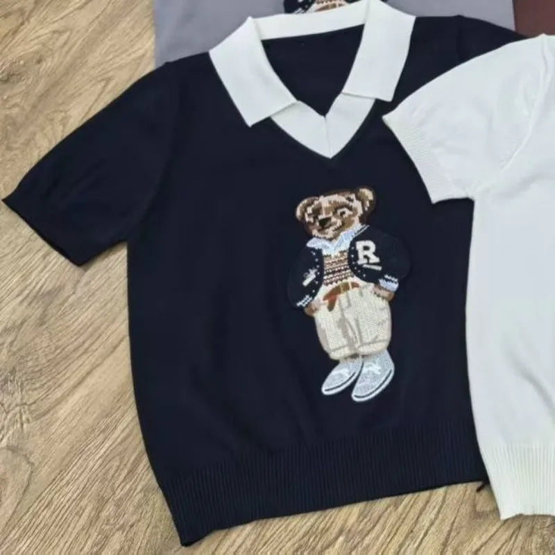 Cartoon Bear Thin Knit Pullover Women 2026 New Summer Short Sleeve Sweater Jumper Cropped Tops Fashion Women's Clothes