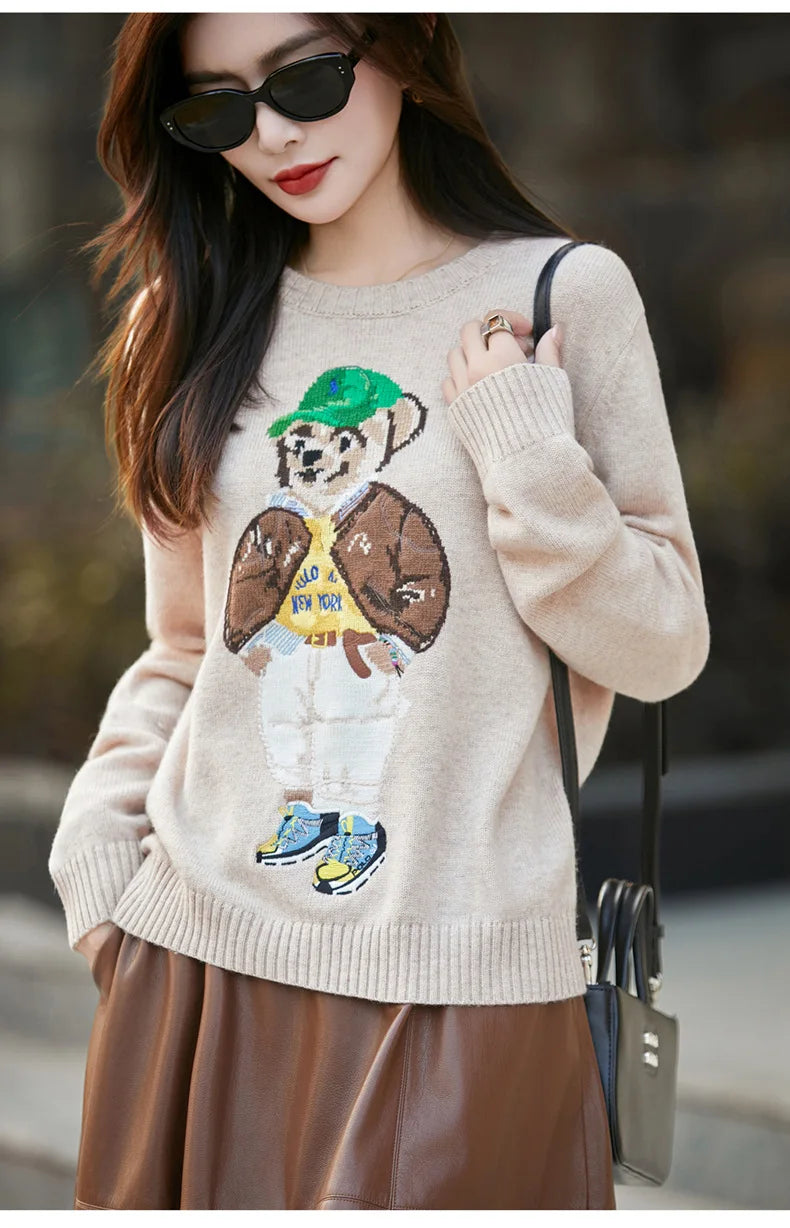 Thickened Woolen Knitted Sweater round Neck Embroidery Cartoon Bear Women's Base Shirt Autumn Winter New Style Premium Spun Wool