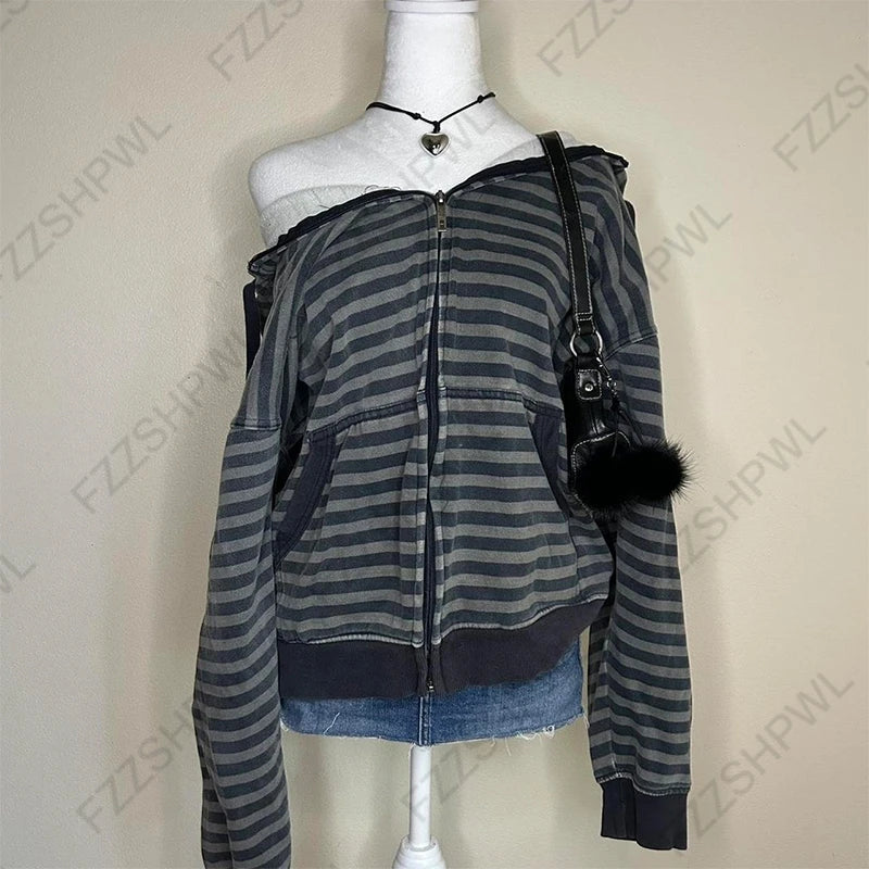 Hoodies Women's 2025 Gothic Aesthetic Autumn Winter Fur Collar Hoodie Casual Slim Chic Design Cardigan Sweatshirt 2000s Harajuku Clothes