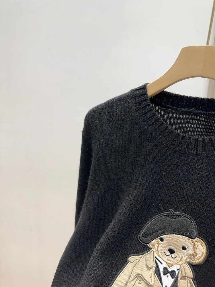 European Style Luxury Brand Loose O-Neck Bear Pullover Tops Knitwear Woman Long Sleeve T-shirt Ladies Wool Knitted Sweater Tops