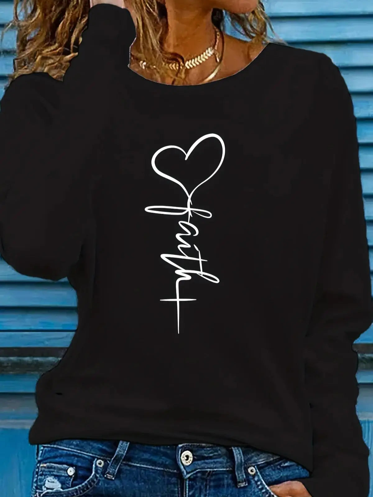 Faith Print Crew Neck T shirt Casual Long Autumn winter top women's long sleeved T-shirt loose comfortable black  white