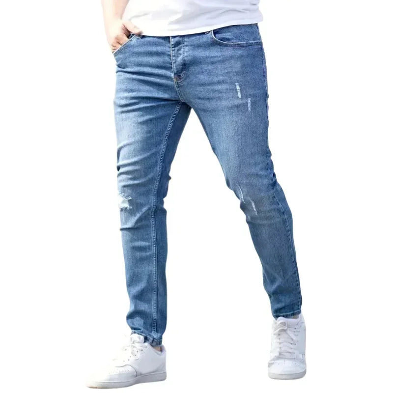 Men's Stretch Slim Fit Jeans Zipper Casual Streetwear Pants Classic Black Blue Skinny Trousers Designer Denim Clothes