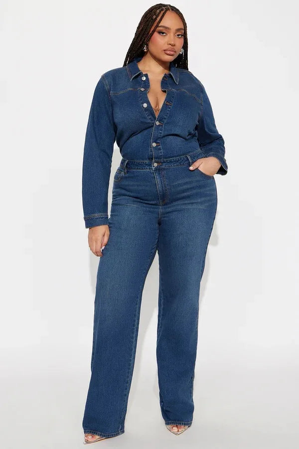 Newly Jeans Stretch Jumpsuit Sexy Women Turn Down Collar Elegant Denim Straight Romper Overalls