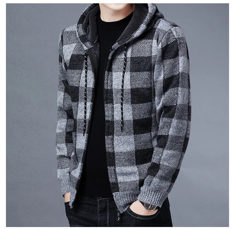 Sweater Jacket Fashion Winter Coat Fleece Hoodies High Quality Luxury Checkered Hooded Knit Cardigan Male Outer Wear