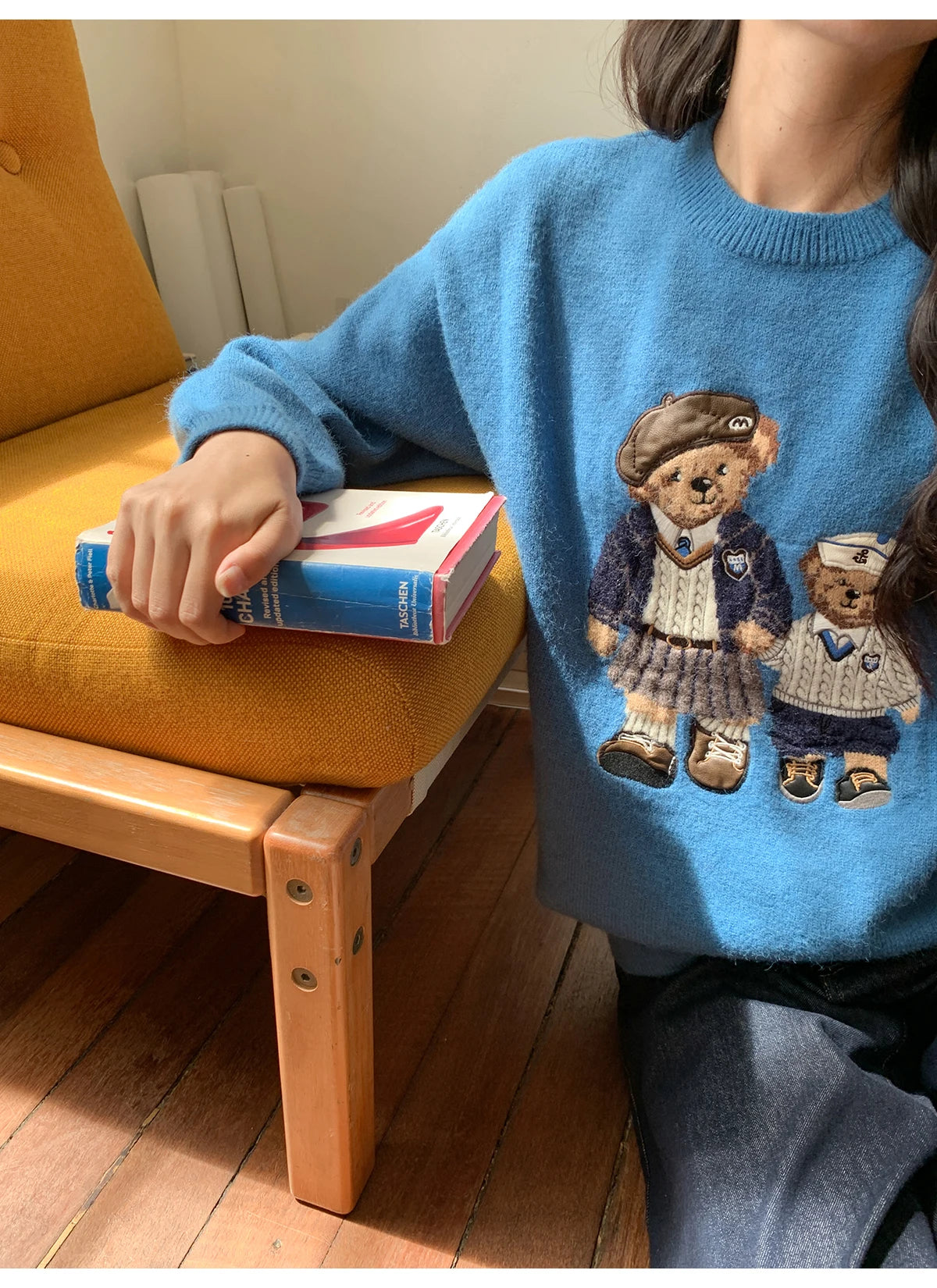 Korean Style Autumn Fashion College Wind Twist Bear Embroidery Knitted Sweater Women's Soft Cozy Overhead Sweater Long Sleeve...