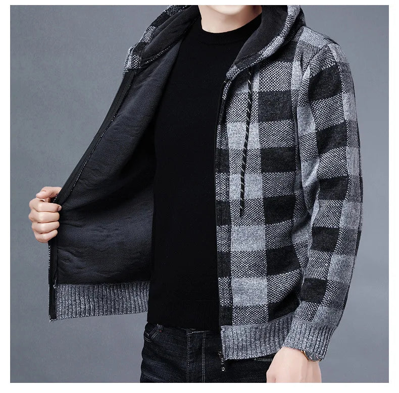 Sweater Jacket Fashion Winter Coat Fleece Hoodies High Quality Luxury Checkered Hooded Knit Cardigan Male Outer Wear